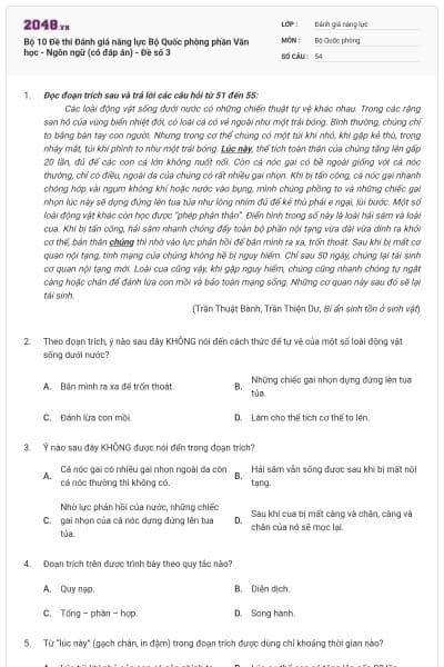 Bộ 10 Đề thi Đánh giá năng lực Bộ Quốc phòng phần Văn học - Ngôn ngữ (có đáp án) - Đề số 3