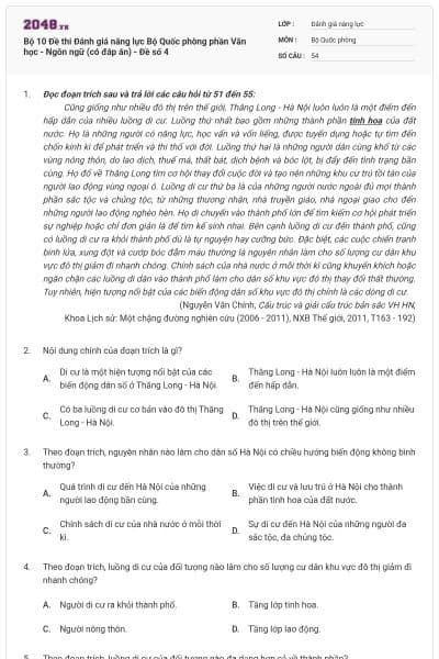 Bộ 10 Đề thi Đánh giá năng lực Bộ Quốc phòng phần Văn học - Ngôn ngữ (có đáp án) - Đề số 4