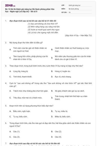 Bộ 10 Đề thi Đánh giá năng lực Bộ Quốc phòng phần Văn học - Ngôn ngữ (có đáp án) - Đề số 6