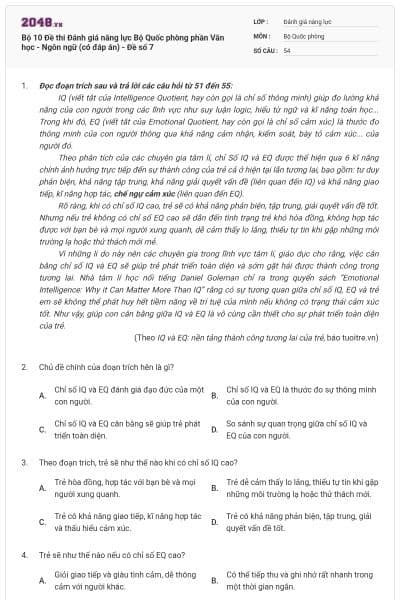 Bộ 10 Đề thi Đánh giá năng lực Bộ Quốc phòng phần Văn học - Ngôn ngữ (có đáp án) - Đề số 7