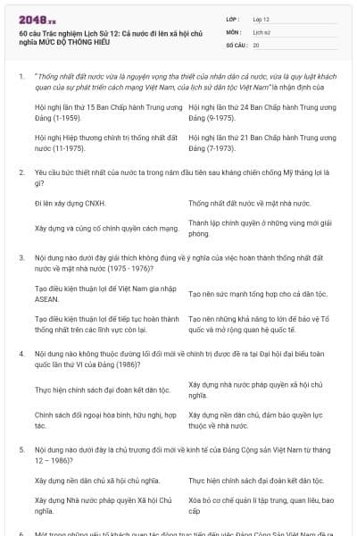 60 câu Trắc nghiệm Lịch Sử 12: Cả nước đi lên xã hội chủ nghĩa MỨC ĐỘ THÔNG HIỂU