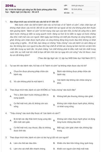 Bộ 10 Đề thi Đánh giá năng lực Bộ Quốc phòng phần Văn học - Ngôn ngữ (có đáp án) - Đề số 8
