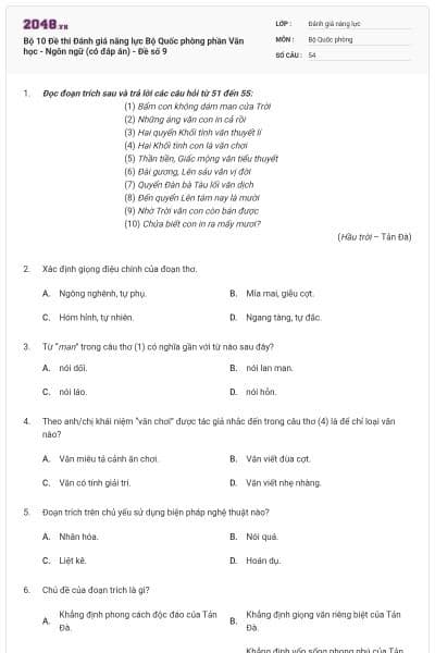 Bộ 10 Đề thi Đánh giá năng lực Bộ Quốc phòng phần Văn học - Ngôn ngữ (có đáp án) - Đề số 9