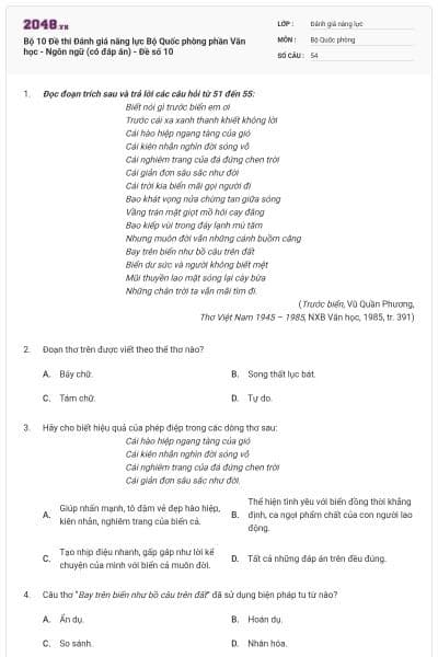 Bộ 10 Đề thi Đánh giá năng lực Bộ Quốc phòng phần Văn học - Ngôn ngữ (có đáp án) - Đề số 10