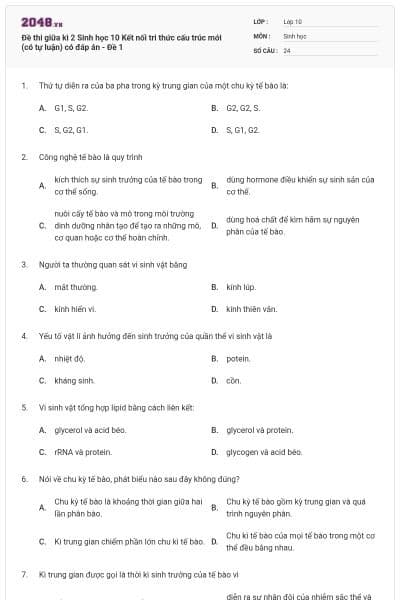 Đề thi giữa kì 2 Sinh học 10 Kết nối tri thức cấu trúc mới (có tự luận) có đáp án - Đề 1