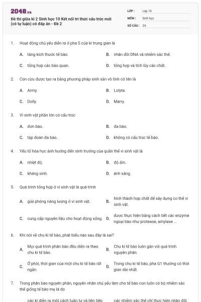 Đề thi giữa kì 2 Sinh học 10 Kết nối tri thức cấu trúc mới (có tự luận) có đáp án - Đề 2