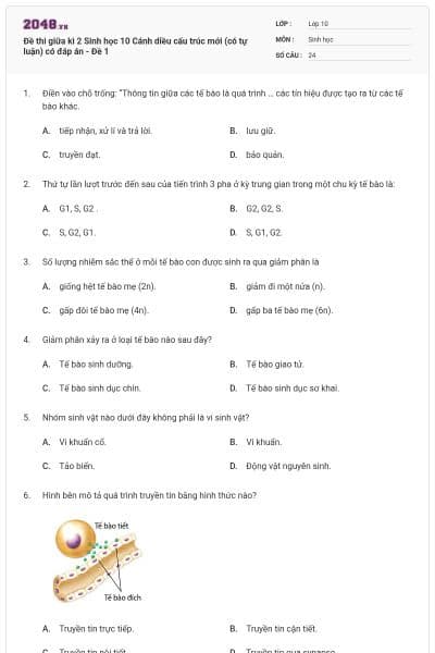 Đề thi giữa kì 2 Sinh học 10 Cánh diều cấu trúc mới (có tự luận) có đáp án - Đề 1