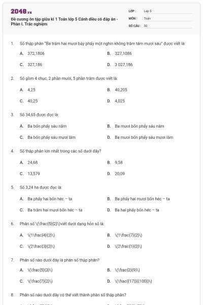 Đề cương ôn tập giữa kì 1 Toán lớp 5 Cánh diều có đáp án - Phần I. Trắc nghiệm