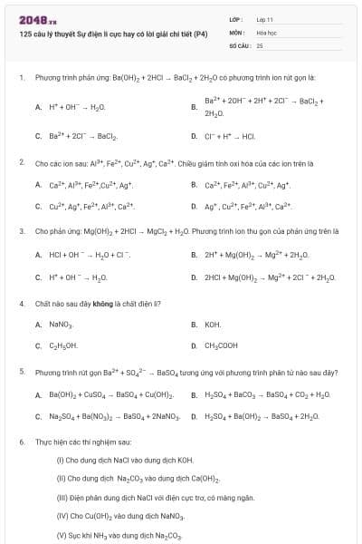 125 câu lý thuyết Sự điện li cực hay có lời giải chi tiết (P4)
