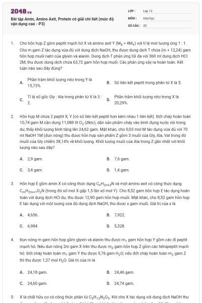 Bài tập Amin, Amino Axit, Protein có giải chi tiết (mức độ vận dụng cao - P3)