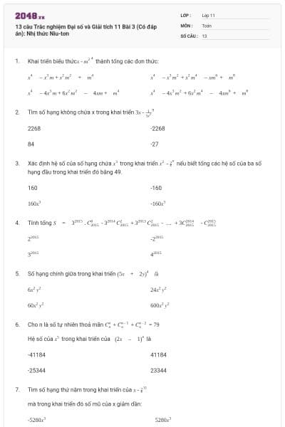 13 câu Trắc nghiệm Đại số và Giải tích 11 Bài 3 (Có đáp án): Nhị thức Niu-tơn