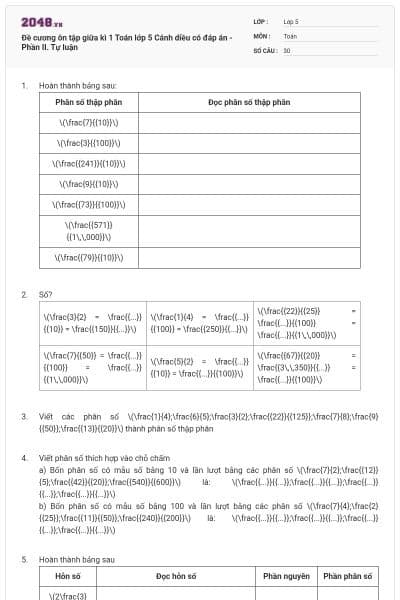 Đề cương ôn tập giữa kì 1 Toán lớp 5 Cánh diều có đáp án - Phần II. Tự luận