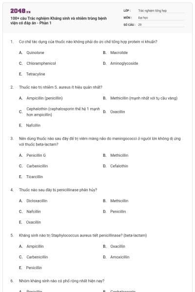 100+ câu Trắc nghiệm Kháng sinh và nhiễm trùng bệnh viện có đáp án - Phần 1