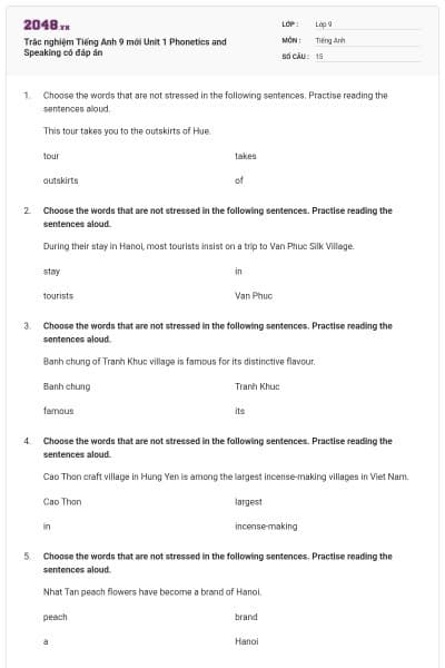 Trắc nghiệm Tiếng Anh 9 mới Unit 1 Phonetics and Speaking có đáp án