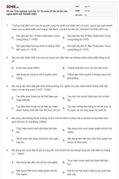 60 câu Trắc nghiệm Lịch Sử 12: Cả nước đi lên xã hội chủ nghĩa MỨC ĐỘ THÔNG HIỂU