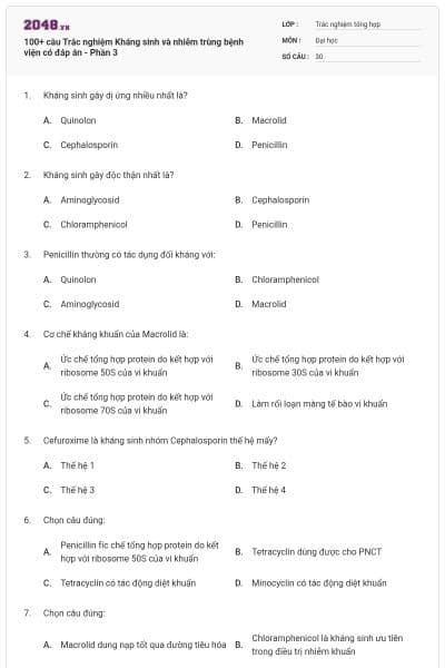 100+ câu Trắc nghiệm Kháng sinh và nhiễm trùng bệnh viện có đáp án - Phần 3