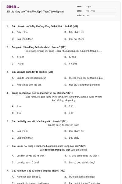 Bài tập nâng cao Tiếng Việt lớp 3 Tuần 7 (có đáp án)