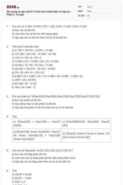Đề cương ôn tập cuối kì 2 Toán lớp 5 Cánh diều có đáp án - Phần II. Tự luận