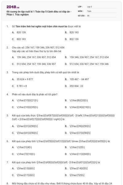 Đề cương ôn tập cuối kì 1 Toán lớp 5 Cánh diều có đáp án - Phần I. Trắc nghiệm