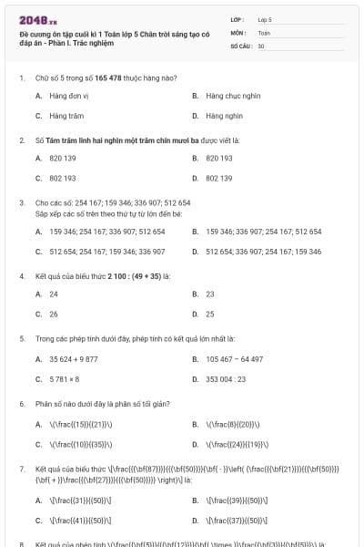 Đề cương ôn tập cuối kì 1 Toán lớp 5 Chân trời sáng tạo có đáp án - Phần I. Trắc nghiệm