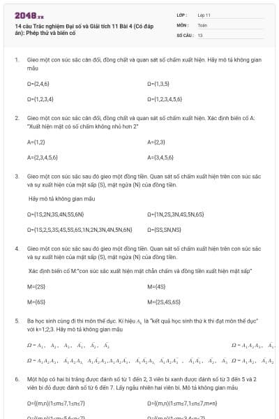 14 câu Trắc nghiệm Đại số và Giải tích 11 Bài 4 (Có đáp án): Phép thử và biến cố