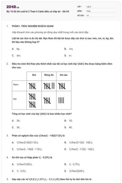Bộ 10 đề thi cuối kì 2 Toán 6 Cánh diều có đáp án - Đề 04