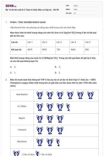 Bộ 10 đề thi cuối kì 2 Toán 6 Cánh diều có đáp án - Đề 05