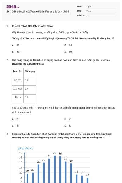 Bộ 10 đề thi cuối kì 2 Toán 6 Cánh diều có đáp án - Đề 08