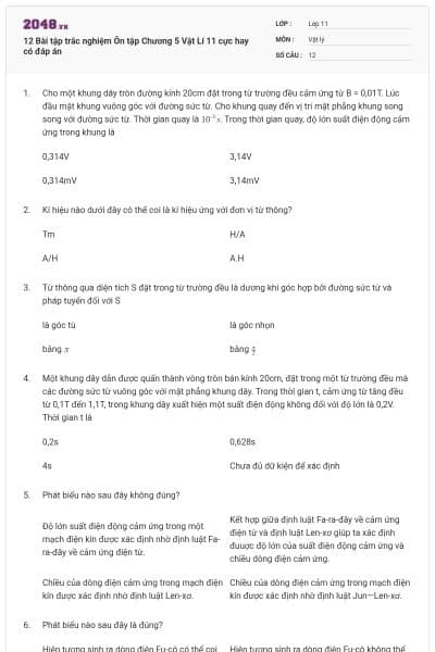12 Bài tập trắc nghiệm Ôn tập Chương 5 Vật Lí 11 cực hay có đáp án