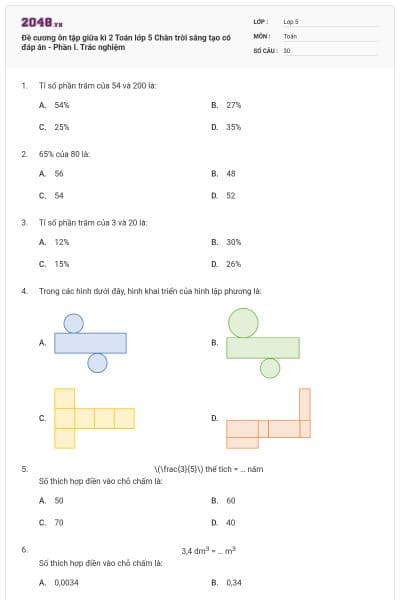 Đề cương ôn tập giữa kì 2 Toán lớp 5 Chân trời sáng tạo có đáp án - Phần I. Trắc nghiệm