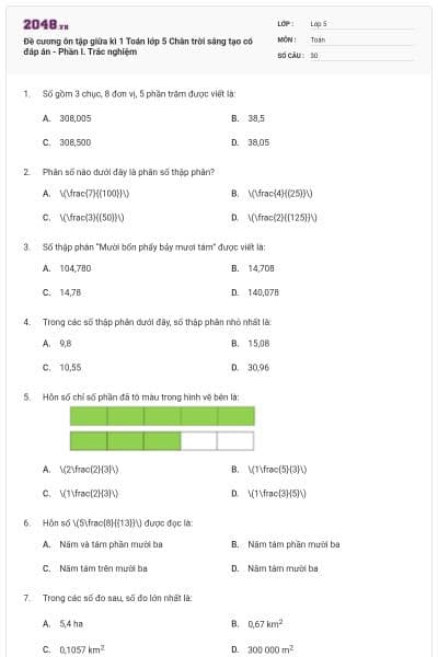 Đề cương ôn tập giữa kì 1 Toán lớp 5 Chân trời sáng tạo có đáp án - Phần I. Trắc nghiệm