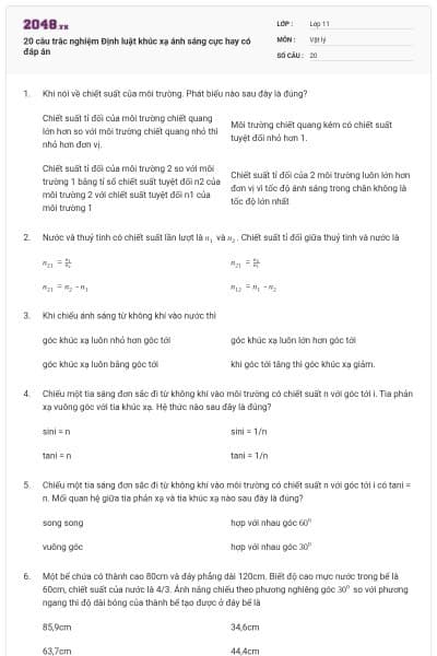 20 câu trắc nghiệm Định luật khúc xạ ánh sáng cực hay có đáp án