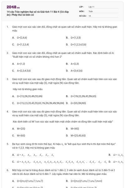 14 câu Trắc nghiệm Đại số và Giải tích 11 Bài 4 (Có đáp án): Phép thử và biến cố