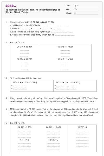 Đề cương ôn tập giữa kì 1 Toán lớp 4 Chân trời sáng tạo có đáp án - Phần II. Tự luận