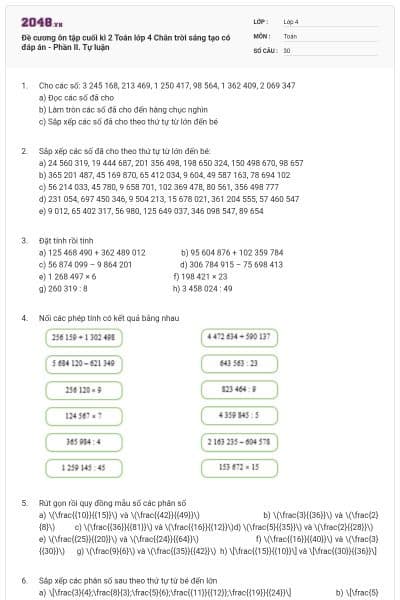 Đề cương ôn tập cuối kì 2 Toán lớp 4 Chân trời sáng tạo có đáp án - Phần II. Tự luận