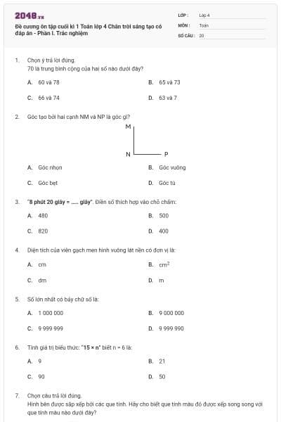 Đề cương ôn tập cuối kì 1 Toán lớp 4 Chân trời sáng tạo có đáp án - Phần I. Trắc nghiệm