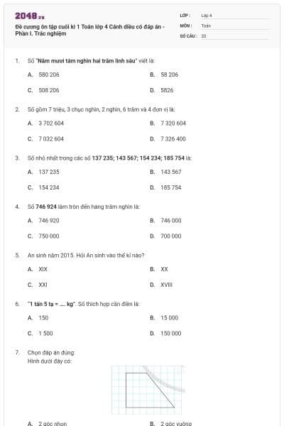 Đề cương ôn tập cuối kì 1 Toán lớp 4 Cánh diều có đáp án - Phần I. Trắc nghiệm