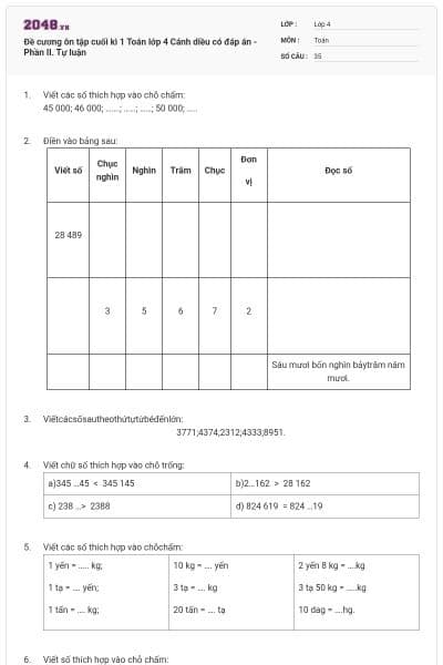 Đề cương ôn tập cuối kì 1 Toán lớp 4 Cánh diều có đáp án - Phần II. Tự luận