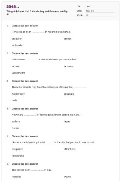 Tiếng Anh 9 mới Unit 1 Vocabulary and Grammar có đáp án