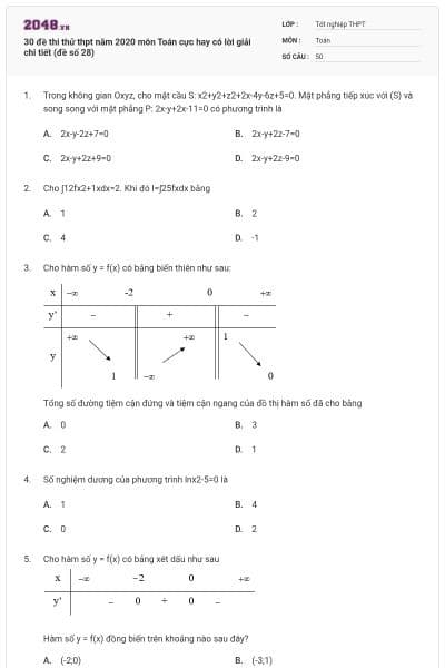 30 đề thi thử thpt năm 2020 môn Toán cực hay có lời giải chi tiết (đề số 28)