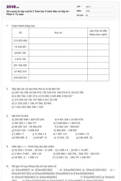 Đề cương ôn tập cuối kì 2 Toán lớp 4 Cánh diều có đáp án - Phần II. Tự luận