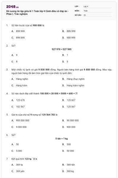 Đề cương ôn tập giữa kì 1 Toán lớp 4 Cánh diều có đáp án - Phần I. Trắc nghiệm