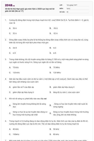 30 Đề thi thử thpt quốc gia môn Vật Lí 2020 cực hay nói lời giải chi tiết (Đề số 17)