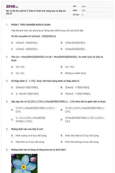 Bộ 10 đề thi cuối kì 2 Toán 6 Chân trời sáng tạo có đáp án - Đề 07