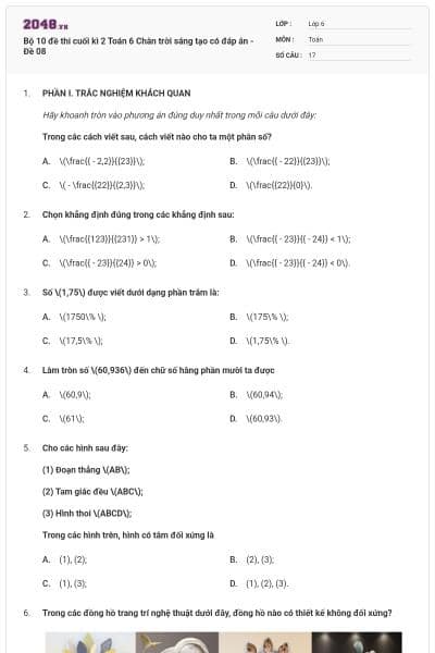 Bộ 10 đề thi cuối kì 2 Toán 6 Chân trời sáng tạo có đáp án - Đề 08