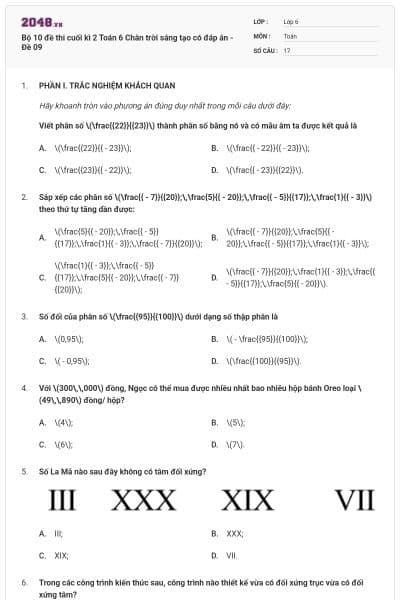 Bộ 10 đề thi cuối kì 2 Toán 6 Chân trời sáng tạo có đáp án - Đề 09