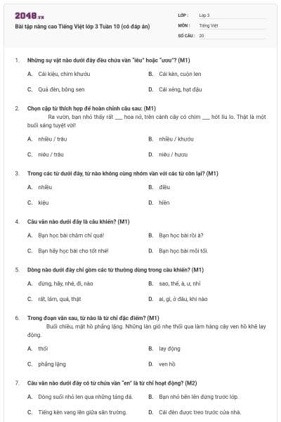Bài tập nâng cao Tiếng Việt lớp 3 Tuần 10 (có đáp án)