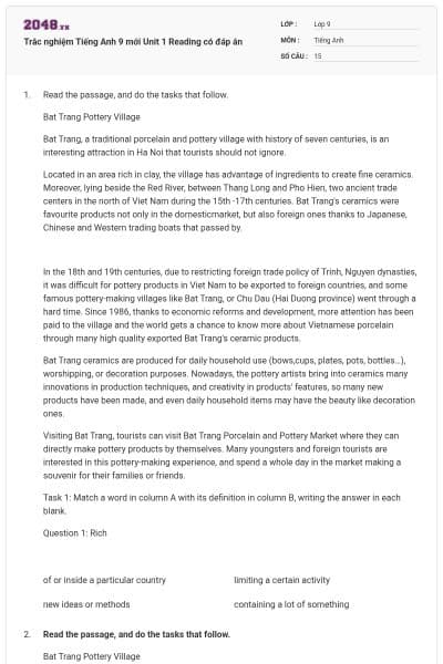 Trắc nghiệm Tiếng Anh 9 mới Unit 1 Reading có đáp án