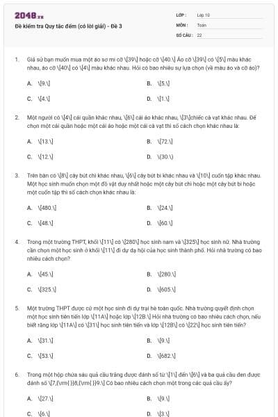 Đề kiểm tra Quy tắc đếm (có lời giải) - Đề 3