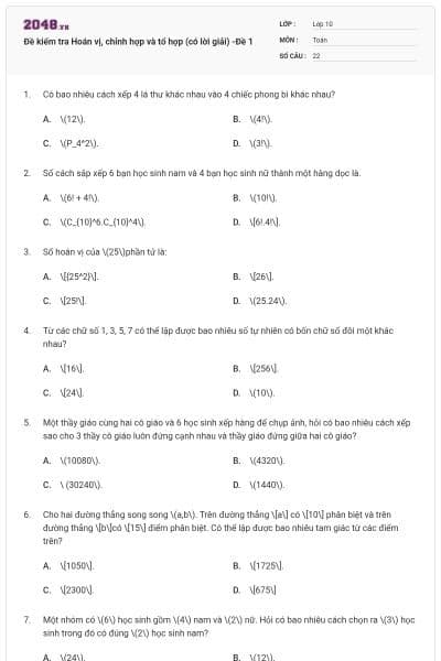 Đề kiểm tra Hoán vị, chỉnh hợp và tổ hợp (có lời giải) -Đề 1